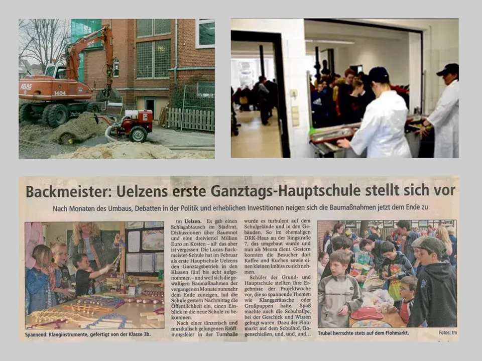 Zeitungsausschnitt mit vier Bildern, die die neue Lukas-Backmeister-Schule, zeigt. Titel des Zeitungsausschnitts Ölzens, 1. Ganztagshauptschule, stellt sich vor.