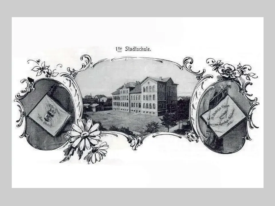 zeigt eine alte Zeichnung vom Gebäude der stadtschule von 1889.